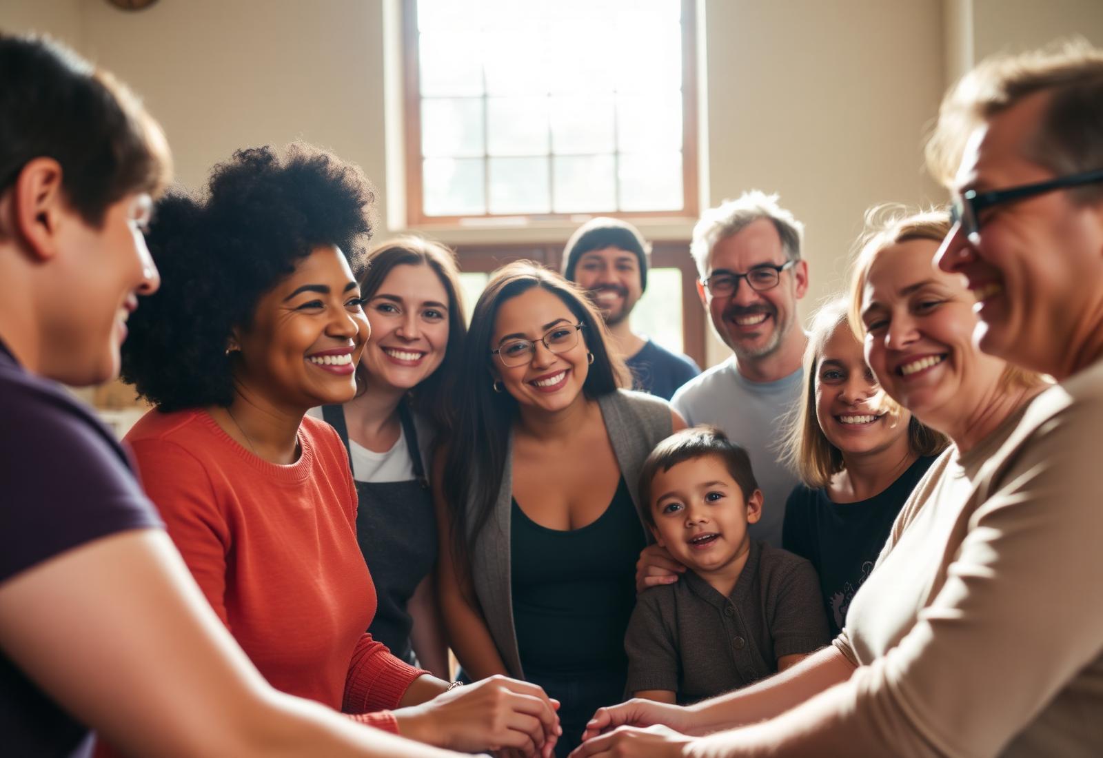 Diverse community members supporting one another in a UK community centre